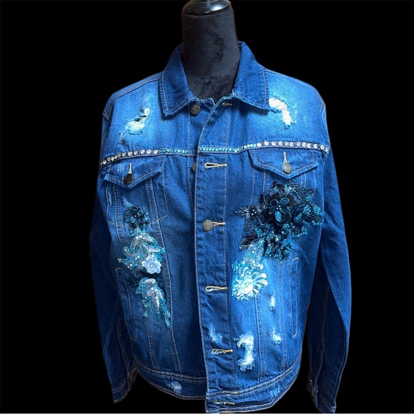 Skull Moon & Roses Embroidered Distressed Denim Jacket - Picture 3 of 9